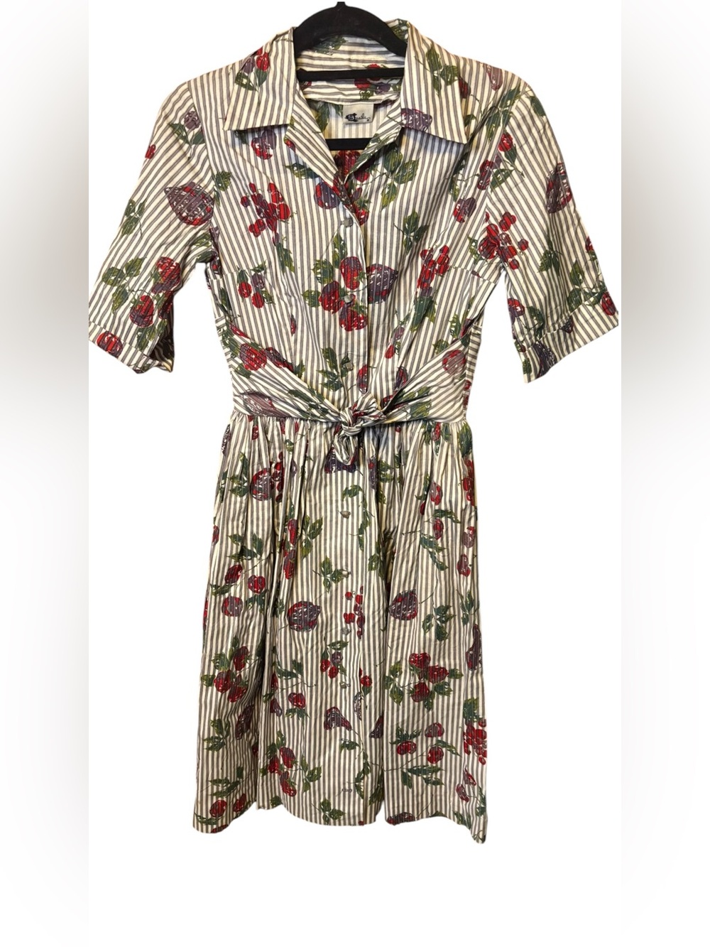 Vintage Basila Fruit Print Stripe Shirt Dress NWT Belted Cotton XS/S